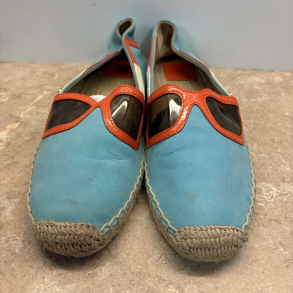 Tory Burch Sunglasses Leather Espadrille Shoes Women 8.5 Logo Leather Aqua